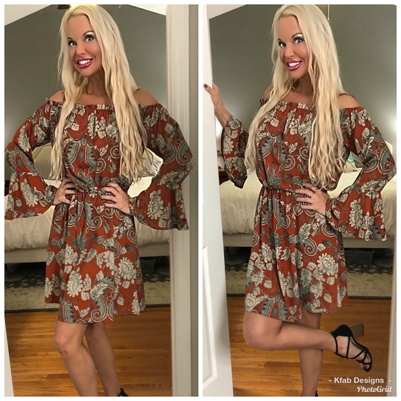 ❤️ LAST 1! Rust off shoulder bell sleeve dress - Picture 2 of 4